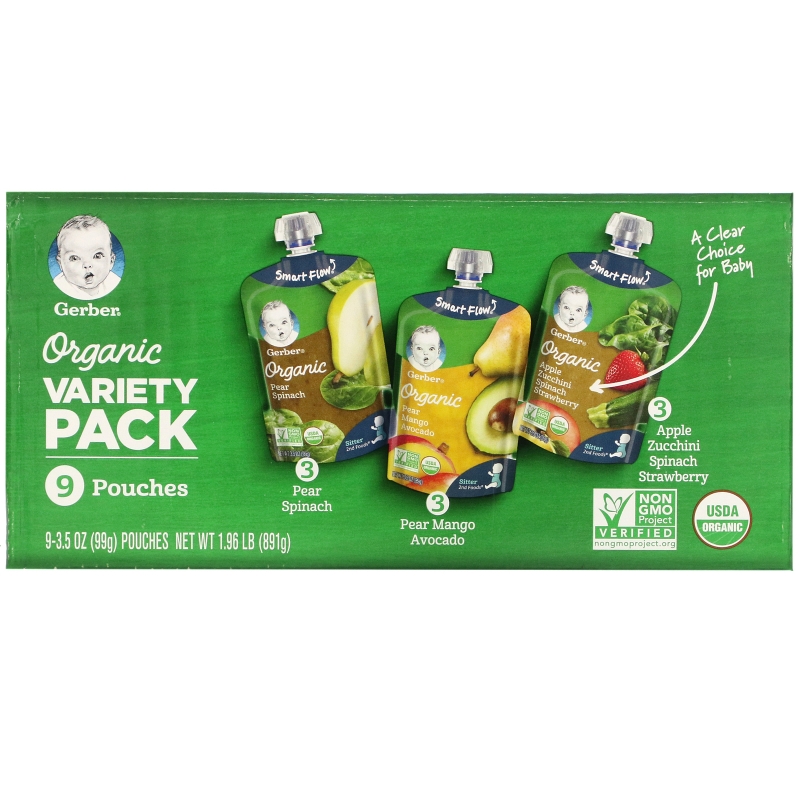 Gerber, Organic Variety Pack, Pear Spinach, Pear Mango Avocado, Apple Zucchini Spinach Strawberry, 9 Pouches, 3.5 oz (99 g) Each