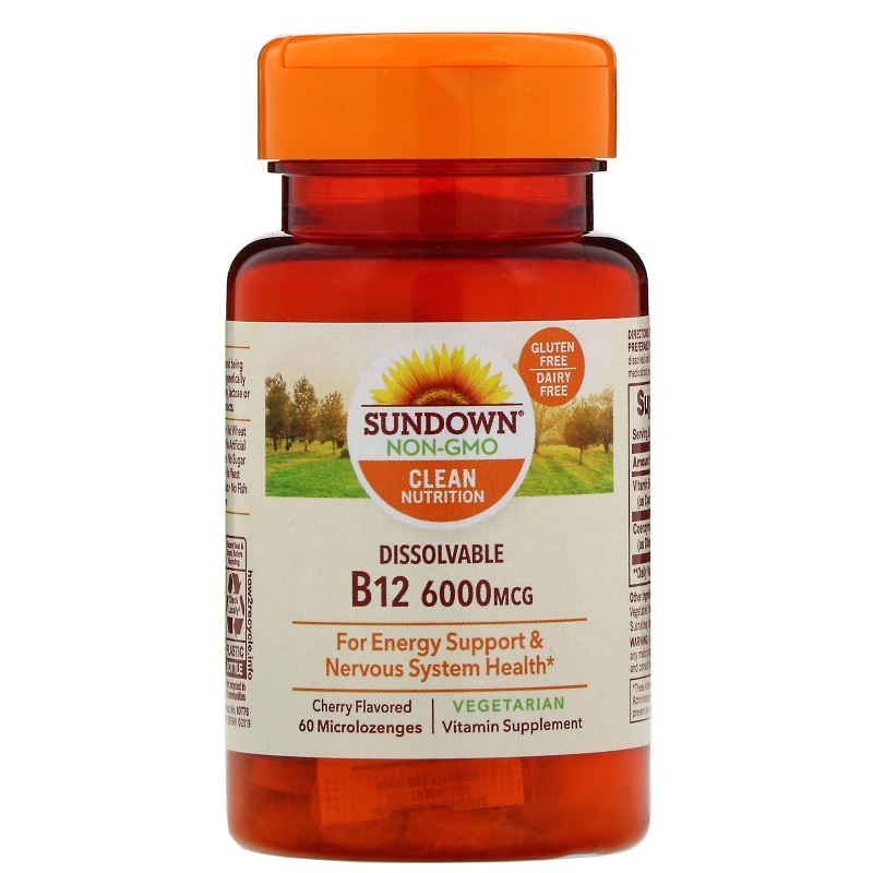 Sundown Naturals, Растворимый B12, со вкусом вишни, 6000 мкг, 60 микропастилок