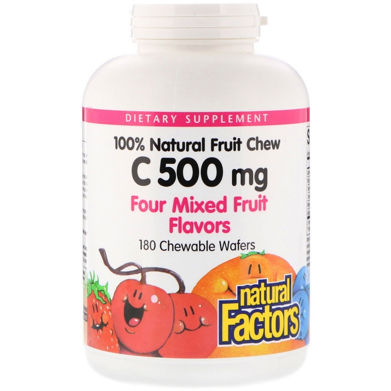 Natural Factors, Vitamin C, 100% Natural Fruit Chew, Four Mixed Fruit Flavors, 500 mg, 180 Chewable Wafers