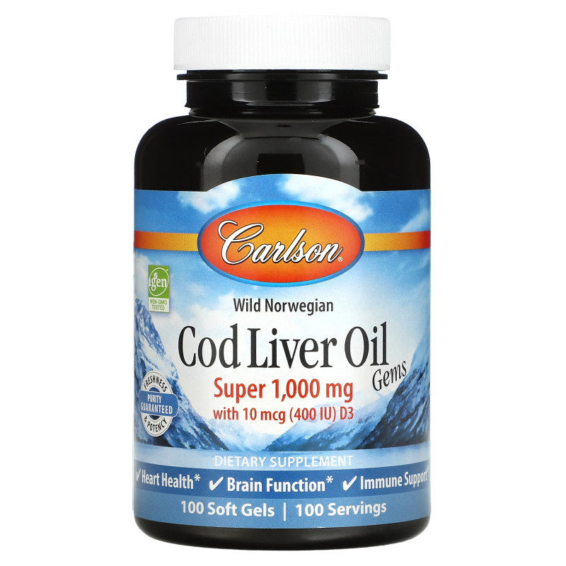 Carlson Labs, Wild Norwegian Cod Liver Oil Gems, супер, 1000 мг, 100 капсул