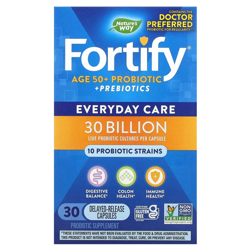 Nature's Way, Fortify, Age 50+ Probiotic + Prebiotics, Everyday Care, 30 Billion, 30 Delayed-Release Veg Capsules