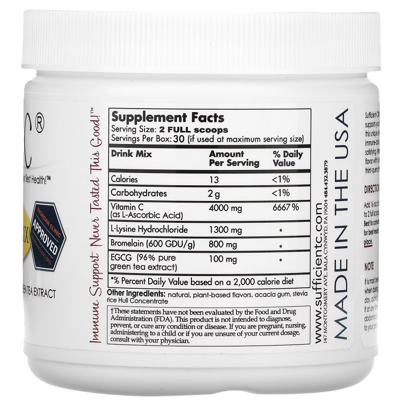 Sufficient C, High Dosed Immune-Ade Drink Mix, Lemon Peach, 4,000 mg, 250 g