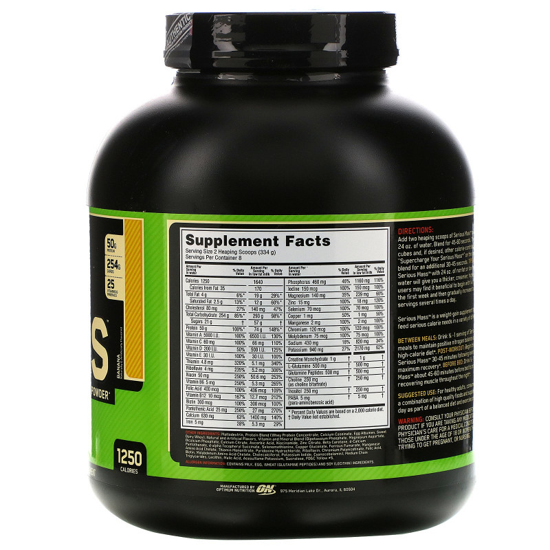 Optimum Nutrition Serious Mass High Protein Weight Gain Powder Banana 6 lbs (2.72 kg)