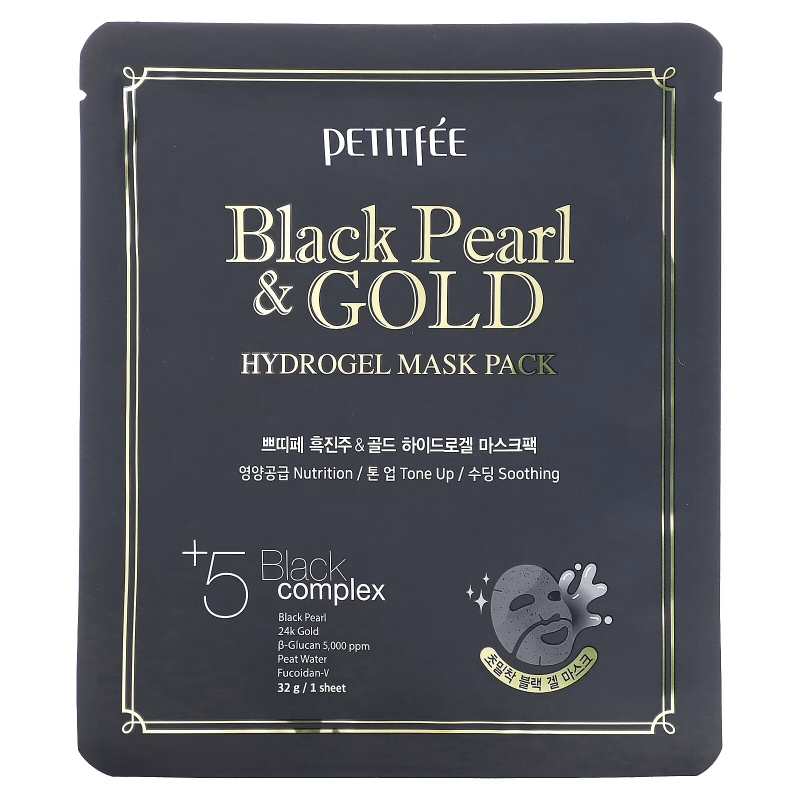 Petitfee, Black Pearl & Gold Hydrogel Mask Pack, 5 Sheets, 32 g Each